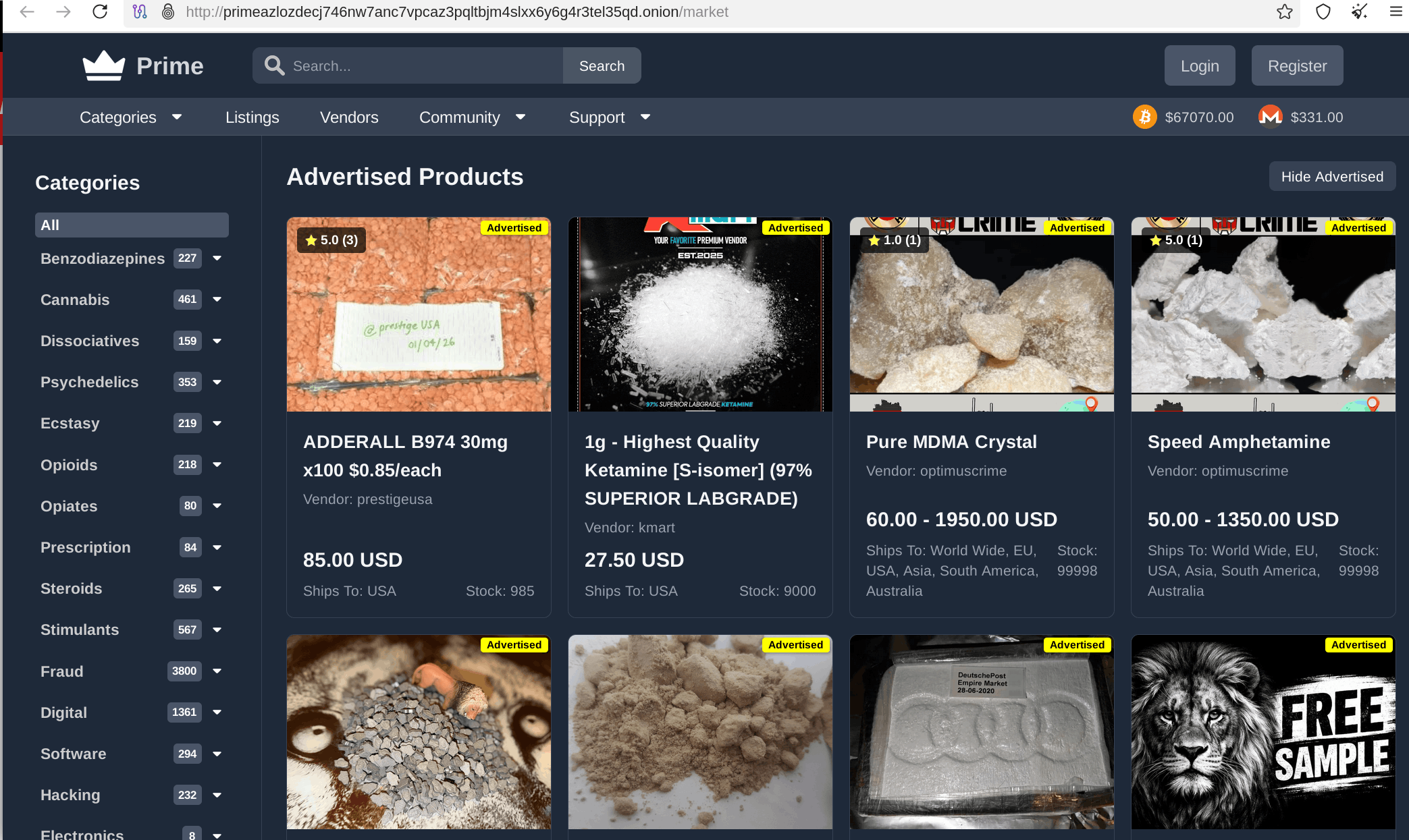 Market listings search and filter interface